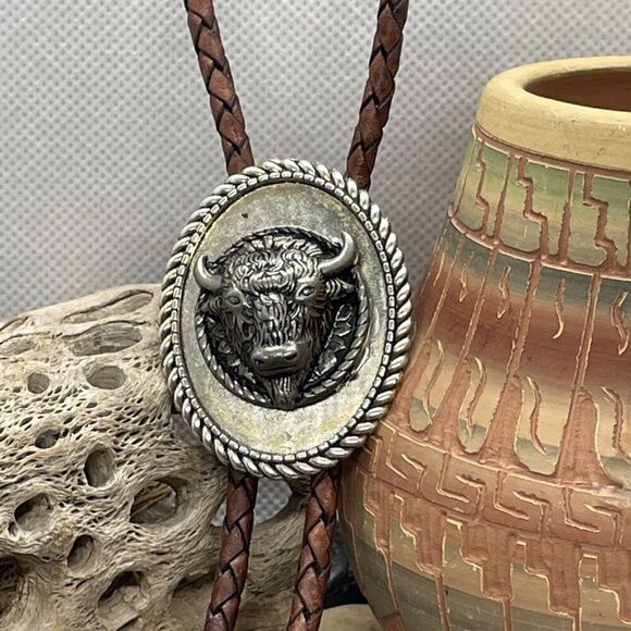 3D CONCHO BUFFALO Brown Leather Bolo Tie Necklace Western Southwest  Dad fall - Picture 1 of 7